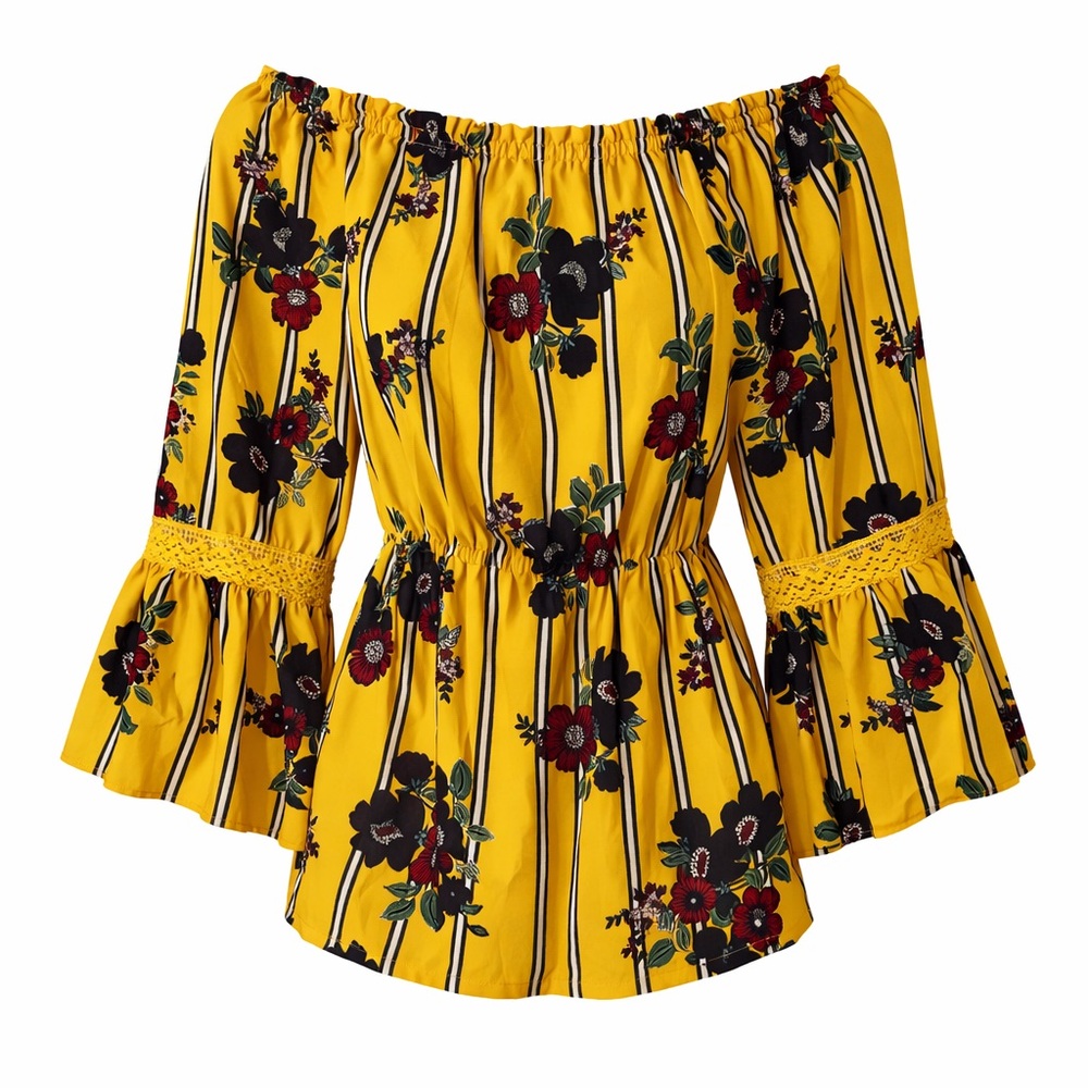 Mustard Floral Off Shoulder Blouse 3X | Boho Bell Sleeve Top Plus Size